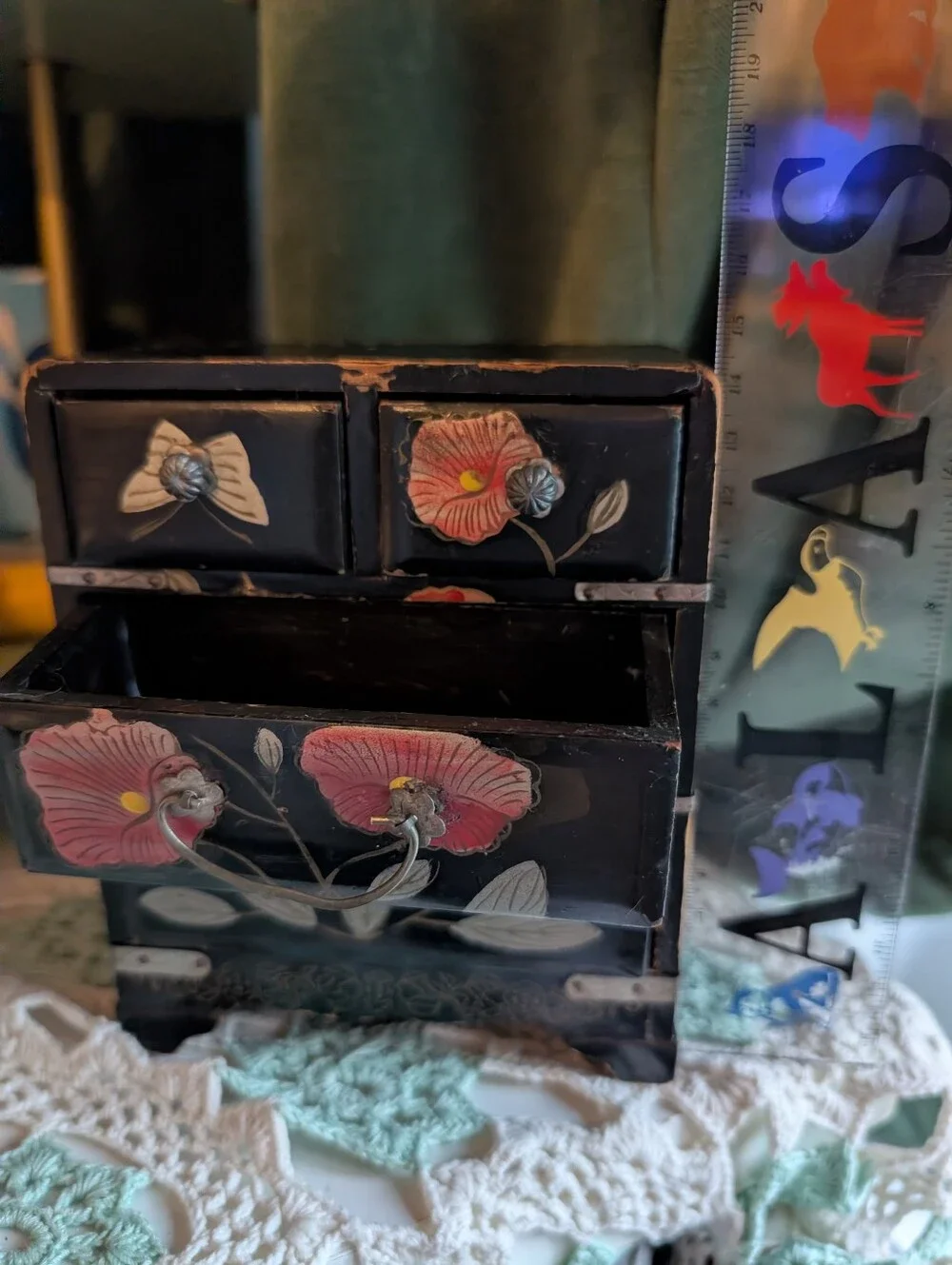 Vintage Japan Miniature Black Wood Ornate Floral Storage Chest Trinket Box